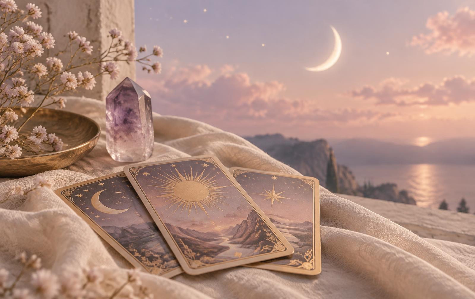 Crescent moon over tarot cards and an amethyst crystal